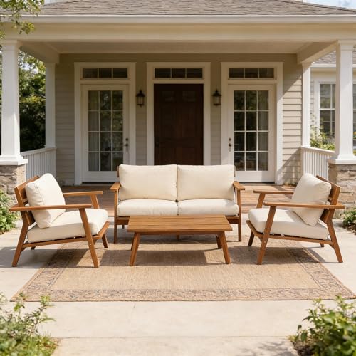 Merax 4 Pieces Patio Furniture Set, Mid-Century Modern Acacia Wood Outdoor Conversation Set with Loveseat, 2 Club Chairs and Slatted Coffee Table for Backyard, Garden, Weather-Resistant Cushion, Beige
