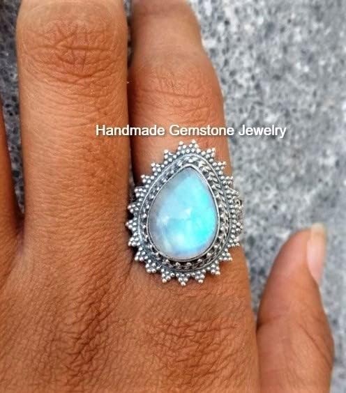 Rainbow Moonstone Ring, Water-drop Stone Ring, Artisan Design Ring, Blue Flash Ring, June Birthstone Ring, Wedding Ring, Pear Stone Ring, Bohemian Ring, Trendy Ring, Natural Moonstone Jewelry