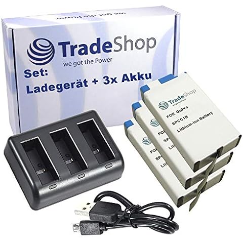 Hochwertiges 3-Fach Ladegerät für Li-Ion Akkus wie SPCC1B, ACBAT-001 für GoPro Max 360° Digitalkamera + 3X Akku 1650mAh Cover