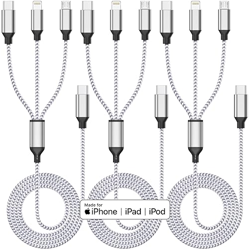 Multi Charging Cable 4ft 3Pack 3 in 1 Charger Cord, Multiple Usb C Port Rapid Nylon Braided Cable USB Charging Cable Multi Phone Charger Cord with Type C Micro Lightning USB Connectors for Cell Phones — view 2