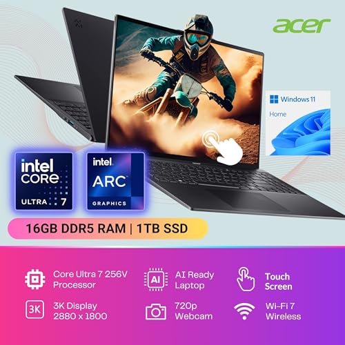 Image of acer Swift 16 AI Laptop, 16 inch 120Hz 3K OLED Touchscreen, Core Ultra 7 256V(4.80 GHz, >i9-12900K), Copilot PC, Backlit Keyboard, Fingerprint, Wi-Fi 7, Windows 11 Home, Black(16GB DDR5 RAM | 1TB SSD)