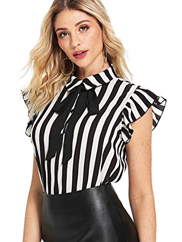 SheIn Women s Casual Bow Tie Neck Short Sleeve Ruffle Stripe Blouse Workwear Top Large Black