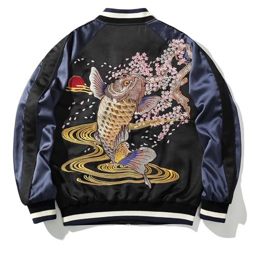 Sukajack Koi Carp Embroidery Mens Streetwear Oversized Long Sleeve Spring