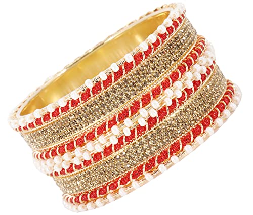 NMII Non-Precious Metal Base Metal Studded with Zircon Gemstone and linked with Pearl Chain Glossy Finished Kada/Bangle set for Women and Girls, (Red_2.6 Inches), Pack Of 2 Kada Set Deal