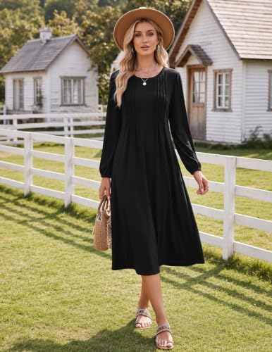 Image of Zeagoo Fall Dresses for Women Long Sleeve Midi Dress Casual A Line Dresses 2026 Pleated Flare Dress with Pockets