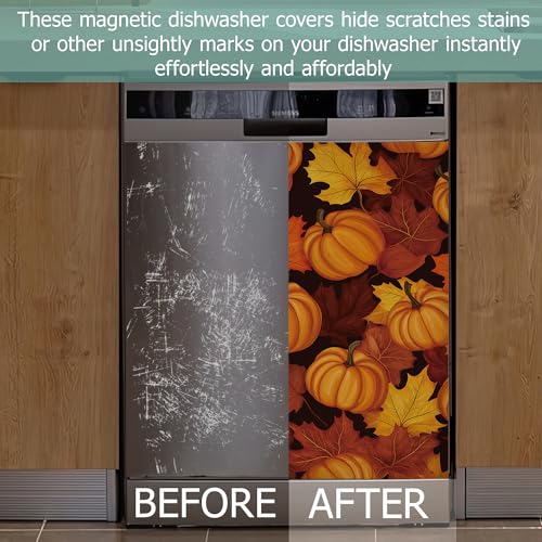 Image of Thanksgiving Pumpkins Dishwasher Covers for The Front Magnetic, Autumn Maple Leaves Refrigerator Magnets Decoration,Reusable Dishwasher Cover Panel for Home Kitchen Decor 23x26 Inch