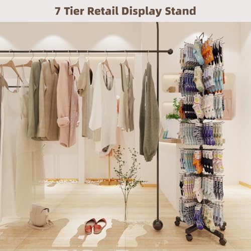 Image of Upgraded Retail Display Stand 7 Tier Spinning Display Stand, Movable Shop Spinner Rack with Hooks, Retail Display Racks for Jewelry Keyring Hats Socks Toys (Black)