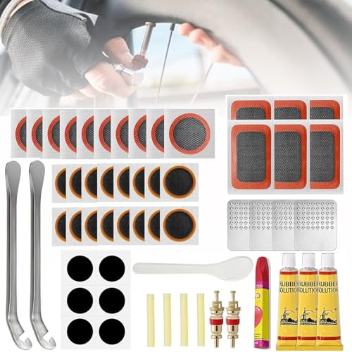 EHIOG 56pcs Kit Reparación de Pinchazos para Bicicleta, Parches Autoadhesivos y Vulcanizados, Herramientas Multifunción con Caja Portátil, para MTB, Ruta y Ciudad