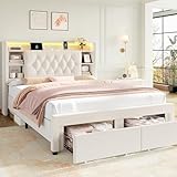 Full Bed Frame with Drawers, Hidden-Cubby & Shelves Storage Headboard with Charging Station and LED Lights, Velvet Upholstered Platform Bed Solid Wooden Slats Support No Box Spring Needed, Beige