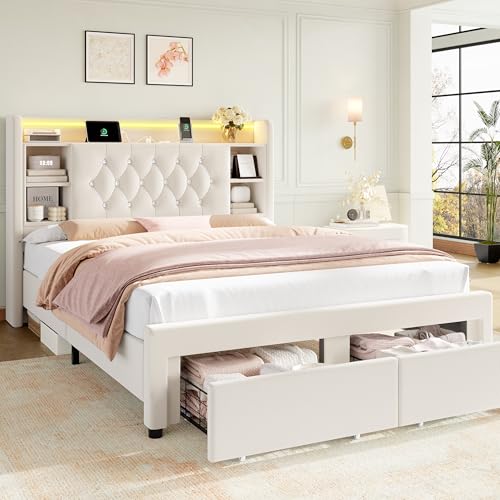 Full Bed Frame with Drawers Hidden-Cubby & Shelves Storage Headboard with Charging Station and LED Lights Velvet Upholstered Platform Bed Solid Wooden Slats Support No Box Spring Needed Beige
