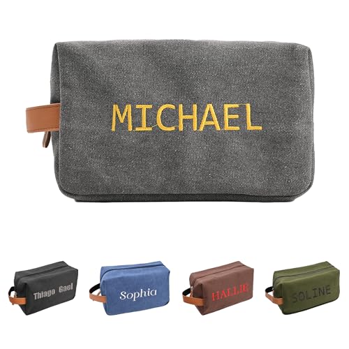 Personalized Gift for Men, Embroidered - Custom Handcrafted Toiletry Bag with Name for Men, Dad, Husband, 5 Retro Canvas Customized Portable Cosmetic Bag with Large Capacity, Grey