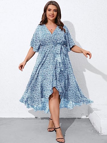 Image of SCOMCHIC Women Plus Size Maxi Dress Short Sleeve Wrap V Neck High Low Split Ruffle Long Dress