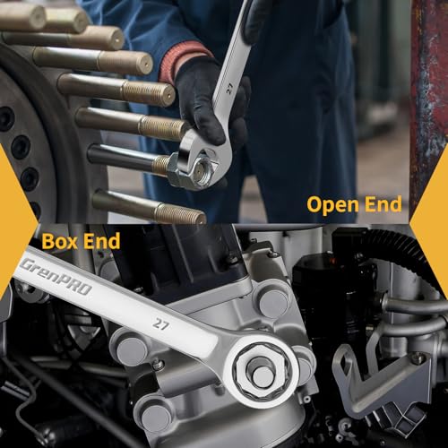 Image of GRENPRO Metric Wrench Set, Large Wrench Set Metric and Standard, 7PC 23mm, 24mm, 26mm, 27mm, 30mm, 32mm Long Big Open End Wrench Tool Set Roll Up Pouch Organizer with Gauge, Combination Wrenches Sets