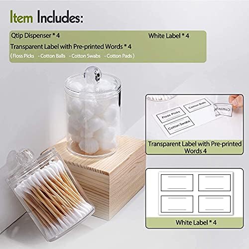 AOZITA 4 Pack Cotton Pad, Cotton Buds Holder Dispenser for Cotton Ball, Swab, Round Pads, Floss - 10 oz Clear Plastic Apothecary Jar Set Bathroom Canister Storage Organization, Vanity Makeup Organizer