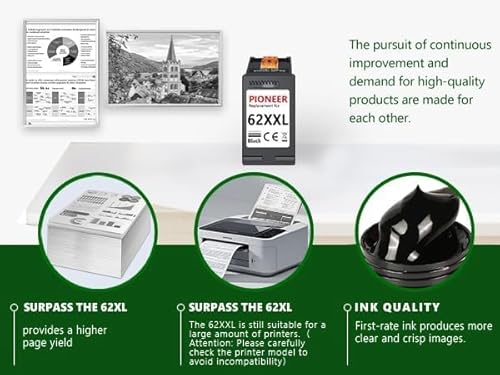 62XXL Ink Cartridges Black Compatible For Hp 62 Black Ink Cartridge High Yield For Hp Ink 62 Xl Fit For Envy 5540 7640 5640 5660 7644 7645 7643 Officejet 5740 8040 5745 (1Black) - 3
