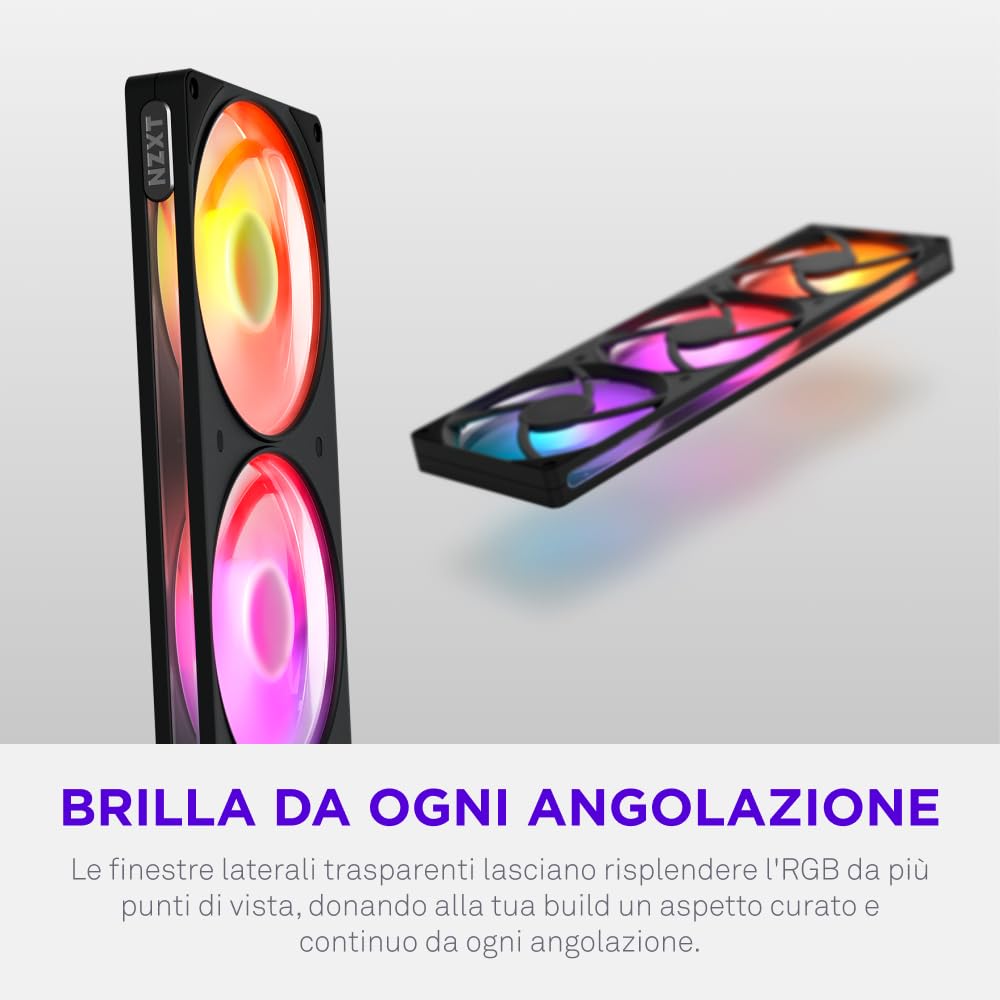 NZXT F420 RGB - Ventola RGB PWM Monoscocca 420mm - Nero | Unità monoscocca 420mm con tre ventole RGB PWM 140mm. RGB vivace e cuscinetti fluidodinamici per raffreddamento silenzioso.