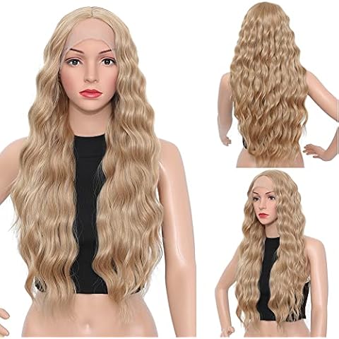 Sangrui Perücke Blond Lace Front Perücke Lang Lockige 75 cm Kunsthaar Mittelteil Nature Wavy Welle Lange Cosplay Party Gemischtes Blond Perücken Cover