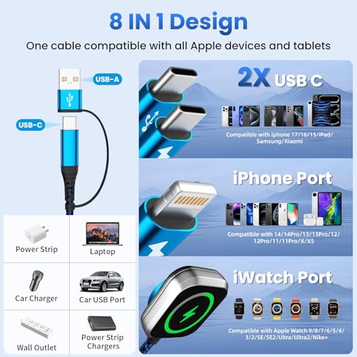 Image of Multi Charging Cable for iPhone iWatch Charger with Dual Type-C Ports, 5FT