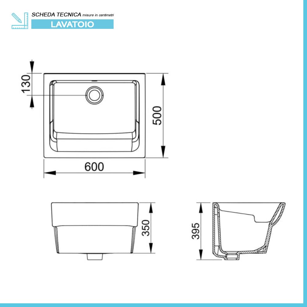 Pilozzo Lavatoio 60x50 Cm Da Appoggio Con Vasca In Ceramica Bianca Lucida Linea Messico, Completo Di Foro Troppo Pieno