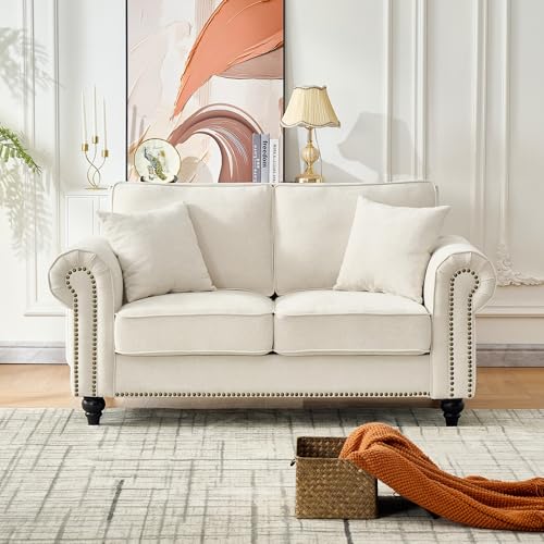 Image of KEIKI 64 inch Oversized Chenille Loveseat Sofa with Rolled Arms and Nailhead Trim, Upholstered Modern Style 2-Seater Couch with High-Density Foam Cushions, Easy Assembly, for Apartment, Living Room, Beige