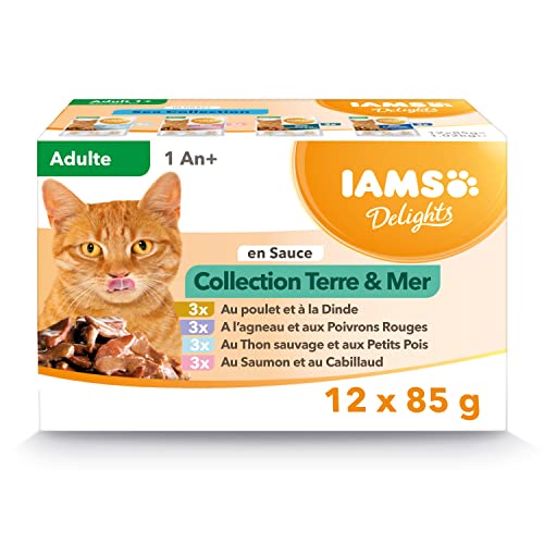 IAMS Delights Nourriture Humide pour Chat adulte stérilisé ou non – Lot de 12 sachets fraicheurs - 4 recettes Terre / Mer en sauce - Sans OGM, sans colorants ni arômes artificiels - 12 x 85g