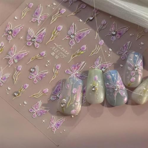 Image of Butterfly Nail Sticker 5D Embossed Nail Art Decals with Rhinestone Design for Women Girls Kid Supplies Purple Butterfly Stickers for Nails Manicure Decorations