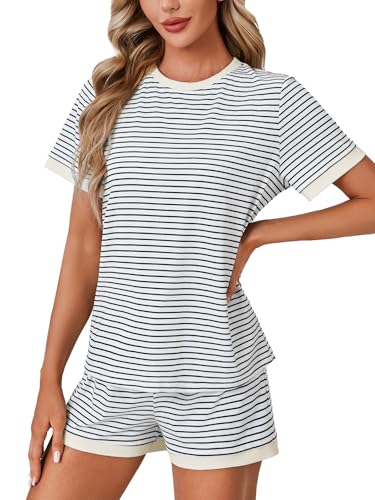 Image of LYANER Pajama Set for Women 2 Piece Lounge Set Striped Crew neck Short Sleeve Tops and Shorts Soft Sleepwear