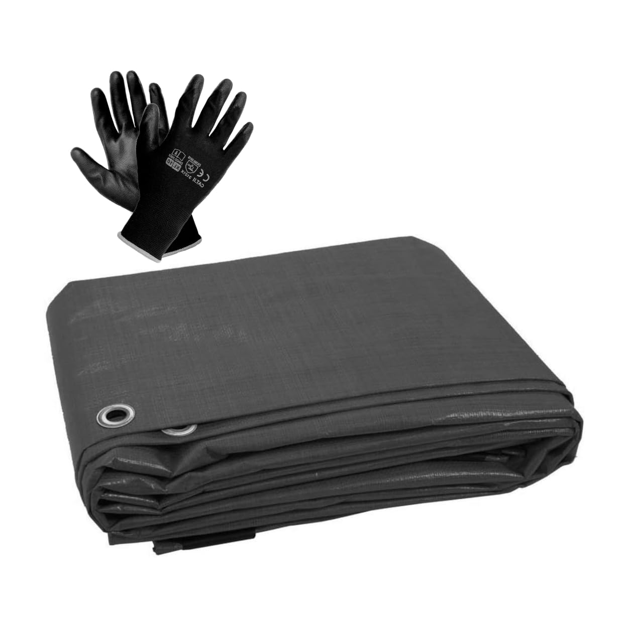 5 x 5 m Tarpaulin Cover - Grey 200GSM - Waterproof, Weatherproof, Frost-Resistant, UV Protection, Multipurpose, Universal Groundsheet and Pair of Work Gloves