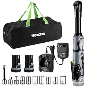 WORKPRO Accu ratelsleutel 55 Nm elektrische ratelsleutel set 12V accu ratel 3/8″ draadloze ratel met 2 x 2,0 Ah accu, LED-licht, incl. 10 dopsleutels, opbergtas, oplader