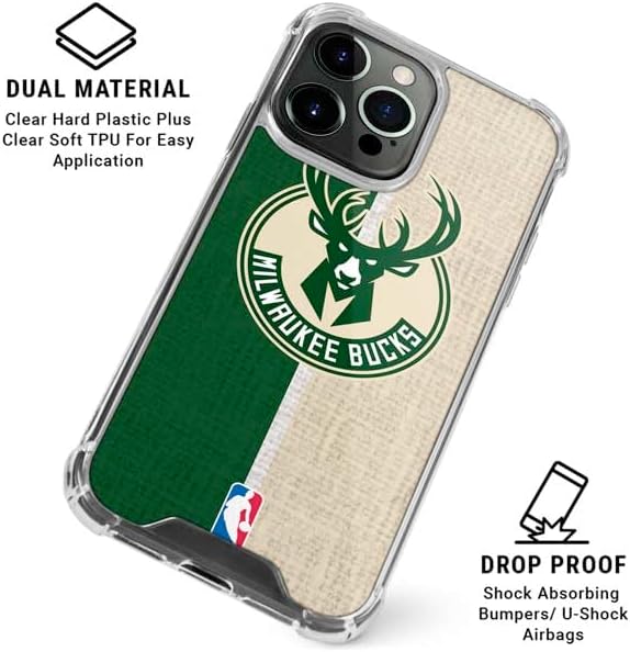 Skinit Clear Phone Case Compatible with iPhone 15 Pro - Officially Licensed NBA Milwaukee Bucks Split Canvas Design