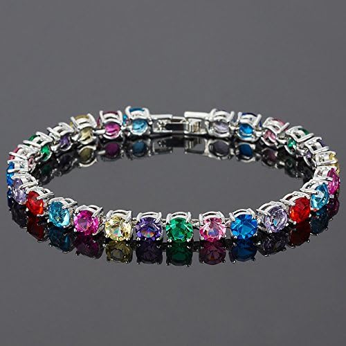 RIZILIA Statement Tennis Bracelet for Women | 6mm Round Brilliant Cut Multi Colors CZ Bracelets in 18K White Gold Plated | 7 inch - Image 4