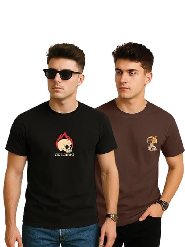 Image of Veirdo Men's Trendy Graphic Regular Fit T-Shirt Combo Pack of 2 | Casual Pure Cotton Round Neck Tees | Stylish Fashion Tops for Everyday Wear | Sizes: S to XXL