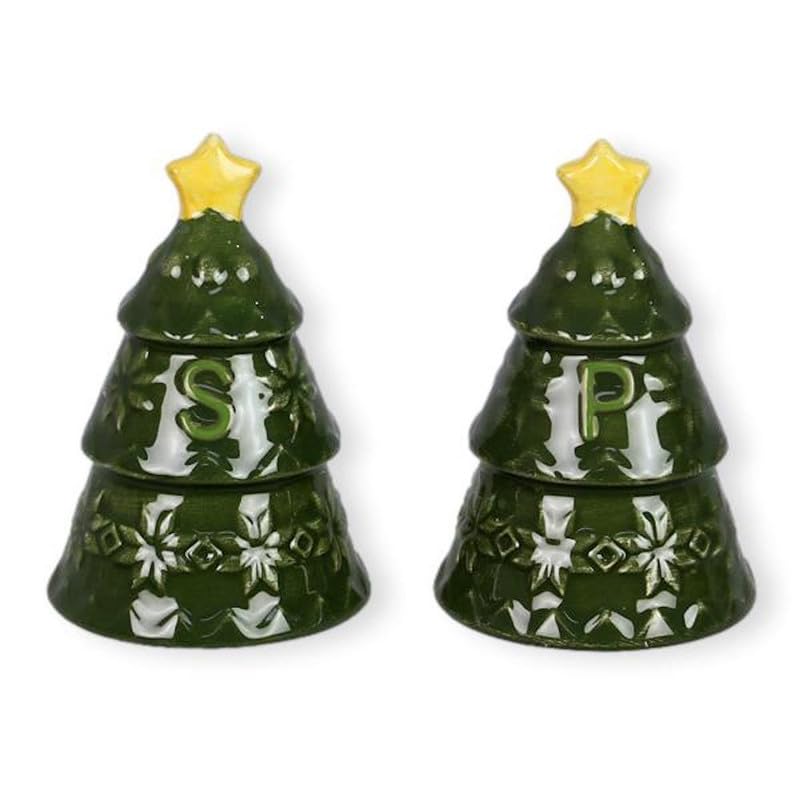The Bridge Collection 3" Ceramic Woodland Christmas Tree Salt and Pepper Shakers Set- Festive Green Pine Trees with Yellow Star Winter Salt & Pepper Set