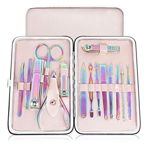Kalim 15pcs Nail Clipper,Rainbow Chameleon Manicure Nail Kits,Stainless Steel Professional Pedicure Set,Nail Scissors,Nail File,Fingernail,Toenail Clippers with Rose Gold Leather Travel Case Cover