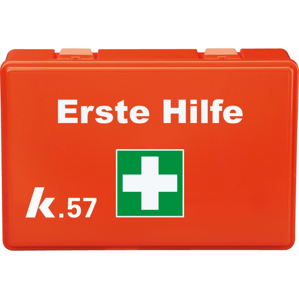 K.57 Verbandkasten Compact, Füllung DIN 13157:2021, leuchtorange, Maße: 273,5x177x90,5 mm, inklusive Wandhalterung