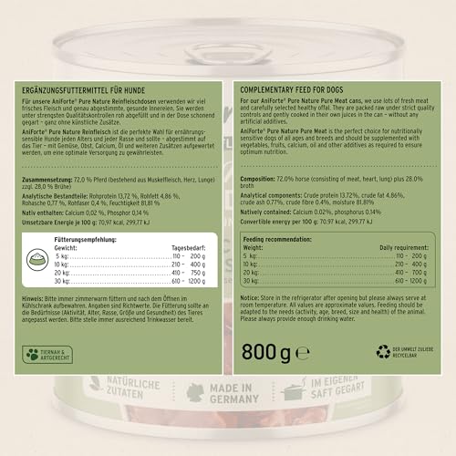 AniForte Hundefutter Nass Pferd Pur 6 x 800g - Naturprodukt für Hunde, Fleisch pur Nassfutter, getreidefrei & glutenfrei, Single Protein Futter