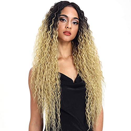 Colorful Bird Synthetic Long Curly Wavy Wig Ombre Long Water Wave Wig Middle Part Wavy Wig Dark Brown Root to Honey Blonde 34 inches