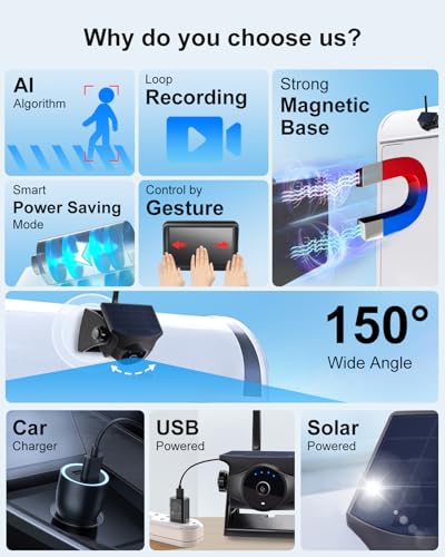 Image of AI Magnetic Solar Wireless Backup Camera: Pedestrian & Vehicle Detection, 1-Min Install, No Wiring /Drilling, Gesture Control, Night Vision, 5 inch 1080P Monitor for RV, Trailer, Truck, Motorhome, Camper