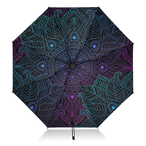 linqin Paraguas de viaje a prueba de viento con mandala, bohemio, étnico, bohemio, plegable, compacto, invertido, para sol, lluvia, 8 varillas, paraguas UV grande, automático, para hombres y mujeres