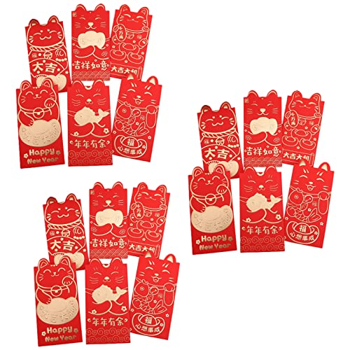 Lot de 18 enveloppes rouges chinoises avec motif chat porte-bonheur - Épais - Cadeau pour l'argent - Hong Bao pour le Nouvel An et le festival du printemps Cover