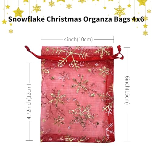 Image of YHJZ 50PCS Snowflake Organza Bags, 4x6 inches Small Christmas Gift Bags with Drawstring, Mesh Bags for Gift (Red Christmas)