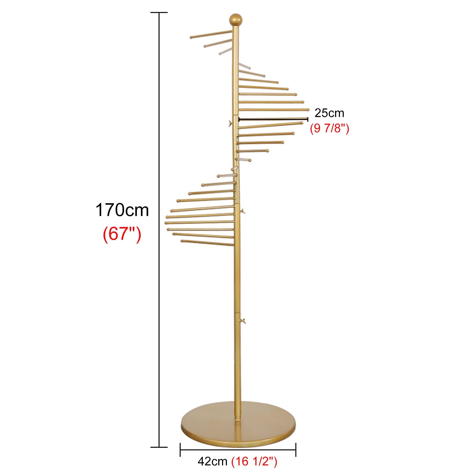 Organizador de bufandas en espiral con 30 perchas, barras de gran capacidad, soporte de piso para bufandas, corbatas, cinturones, pantalones, dorado, 67 pulgadas de alto