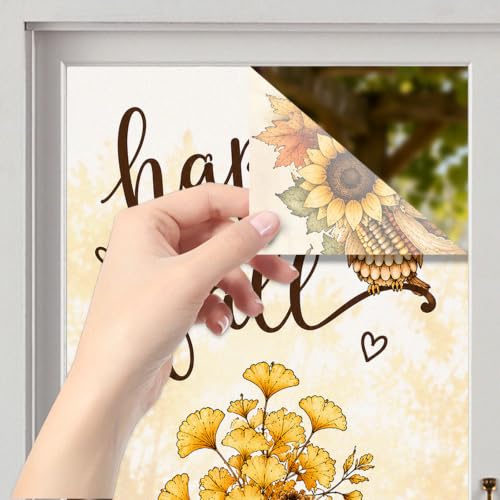 Image of Nuxovilar Fall Window Cling 17.7 x 39.4 in, White Frosted Harvest Owl | White frosted PVC helps obscure views for privacy, with an owl, sunflowers, corn and pinecones for classic harvest decor