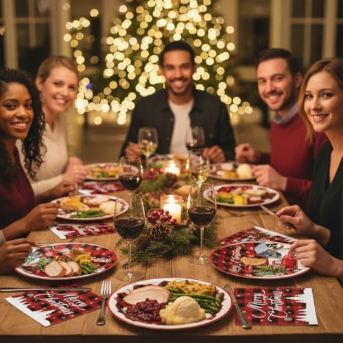 Christmas 9 Inch & 7 Inch Party Plates and Napkins Set – Buffalo Plaid Red Truck Disposable Paper Dinner Plates Dessert Plates Napkins for Holiday Dinner Xmas Party Supplies Decorations, Serves 20 – Image 6