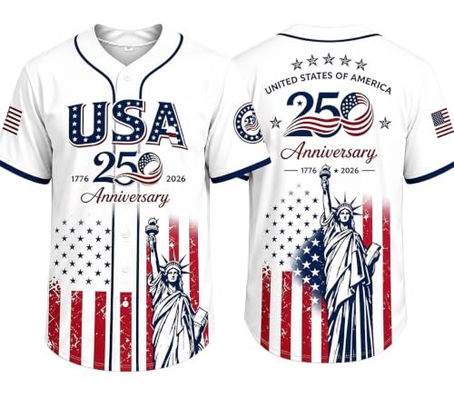USA Camiseta de Béisbol por el 250 Aniversario, Estatua de la Libertad con Bandera USA, Camisa Transpirable con Botones miniatura 1