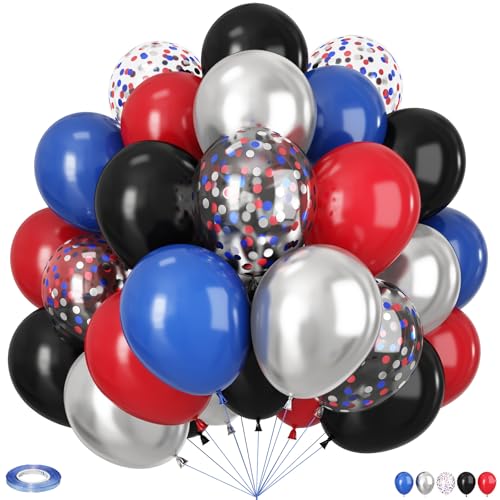 Globos negros, rojos y azules, 60 globos de 12 pulgadas, color negro y rojo y azul, globo de metal plateado y confeti para graduación, niña, niño, cumpleaños, baby shower, boda, araña, héroe