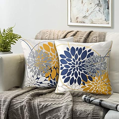 Autumn Cushion Covers 45 x 45 cm Dahlia Autumn Cushion Cover Elegant Farmhouse Geometric Flower Cushion Cover Set of 2 Decorative Cushion Navy Blue Yellow Decorative Cushion Covers for Sofa Couch Cover