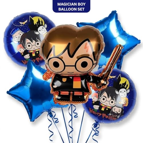 Image of Wanna Party Magician Boy Theme Foil Balloon Bouquet Set - 5PC Helium Supported Magic Birthday Balloons for Kids Party, Cake Table, Backdrop & Photo Booth Decor