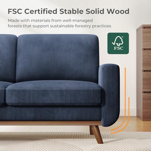 Image of Vesgantti 68 inch Loveseat Sofa Dark Blue, Comfy Corduroy Couch with Spring Cushion and Solid Wood, Modern Extra Deep Seat for Bedroom, Living Room, Office
