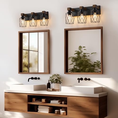 Image of Farmhouse 3-Light Wood Bathroom Vanity Light, Black Metal Cage Shade | Mounted Over Mirror, Industrial Rustic Style, Ideal for Bathroom, Bedroom, Hallway & Living Room, Easy To Install